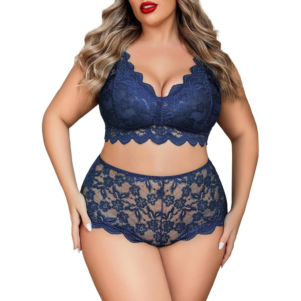 image:imageAvidlove Plus Size Lingerie Set for Women Sexy Lace Halter Bralette High Waist Panty SetNavy Blue