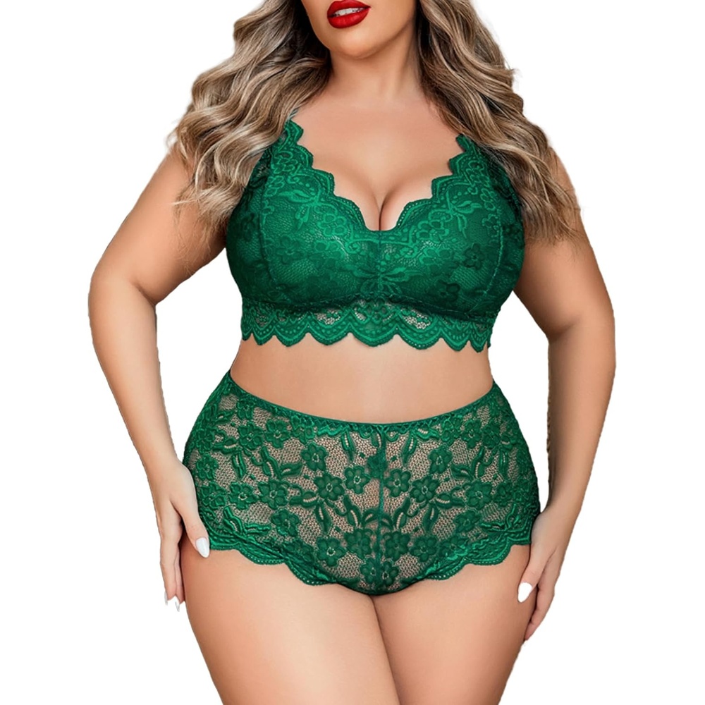 image:imageAvidlove Plus Size Lingerie Set for Women Sexy Lace Halter Bralette High Waist Panty SetOlive Green