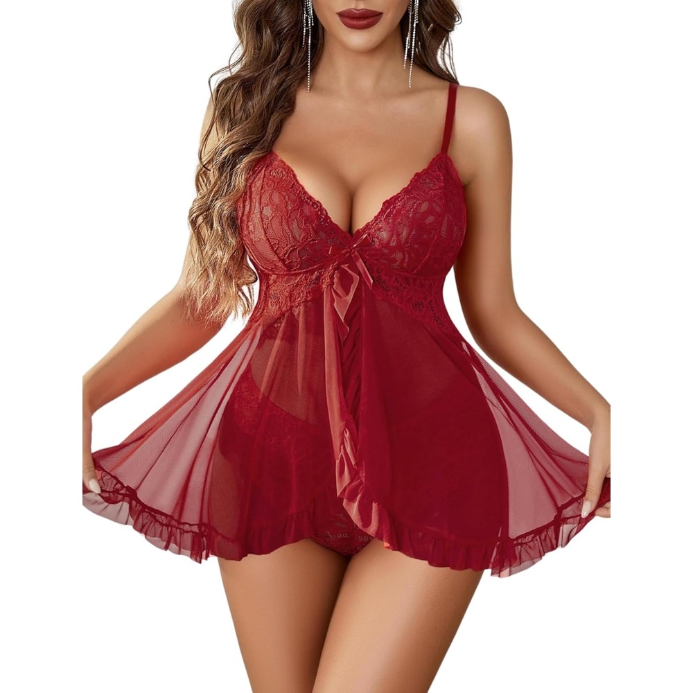 image:imageAvidlove Sexy Lingerie for Women Lace Babydoll Lingerie Dress VNeck Front Open Ruffle Chemise with Thong 2 PieceBurgundy