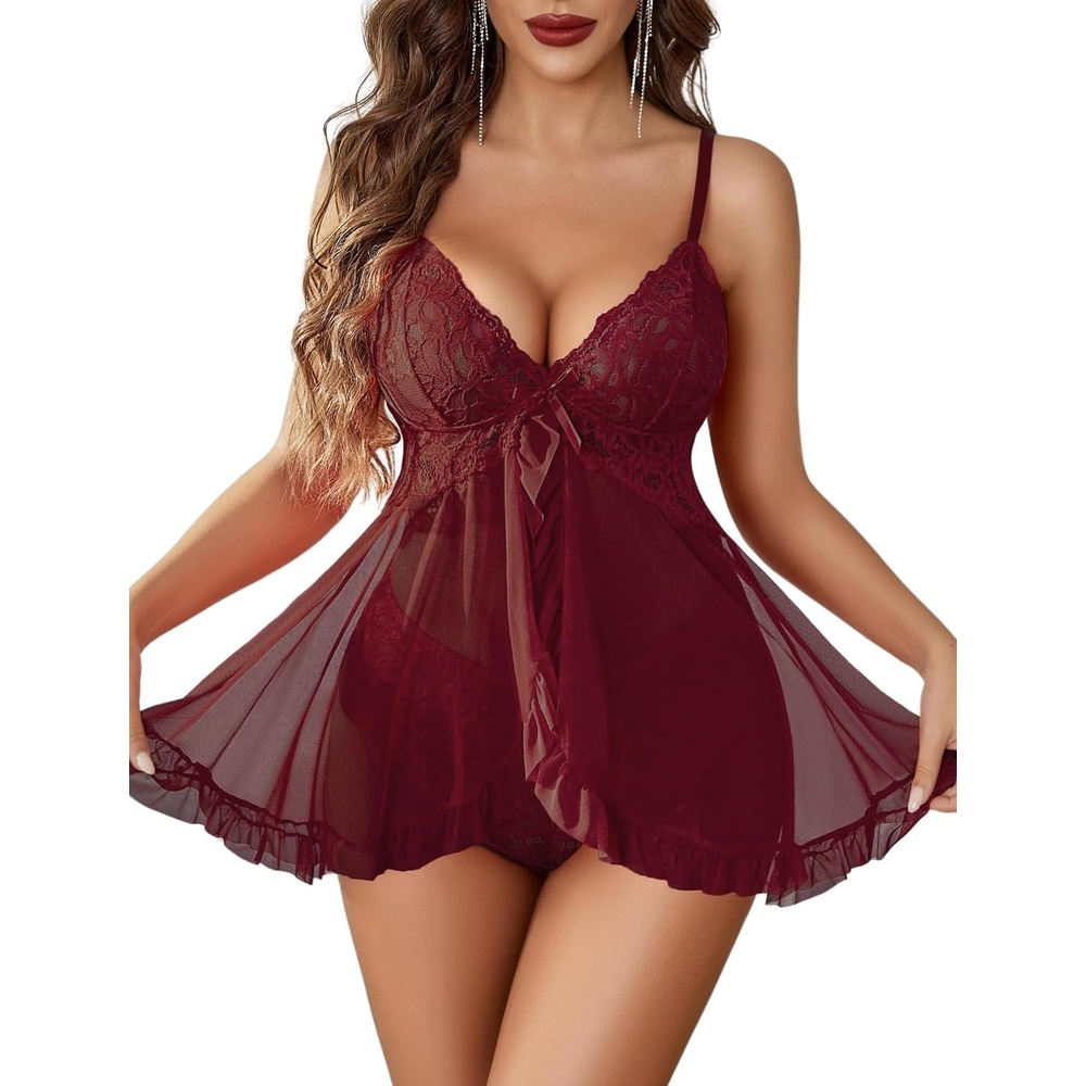 image:imageAvidlove Sexy Lingerie for Women Lace Babydoll Lingerie Dress VNeck Front Open Ruffle Chemise with Thong 2 PieceDark Red