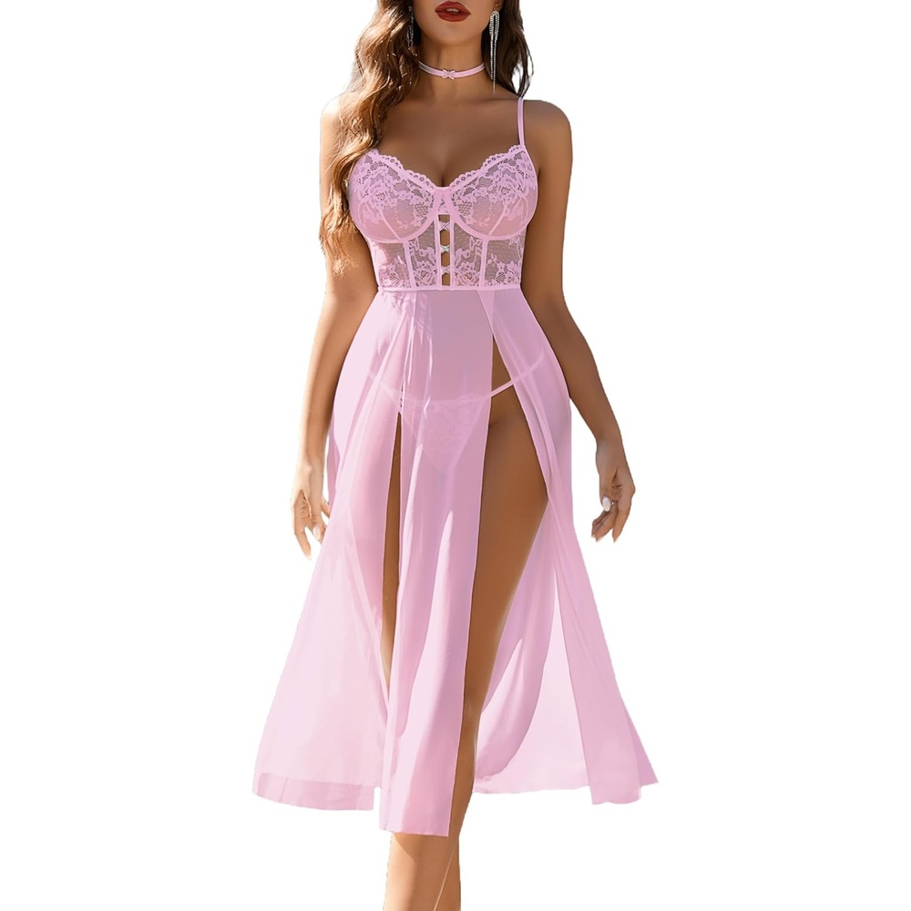 image:imageAvidlove Sexy Lingerie for Women Lace Mesh Babydoll Sleepwear Side Split V Neck Nightgown for Honeymoon AnniversariesPink