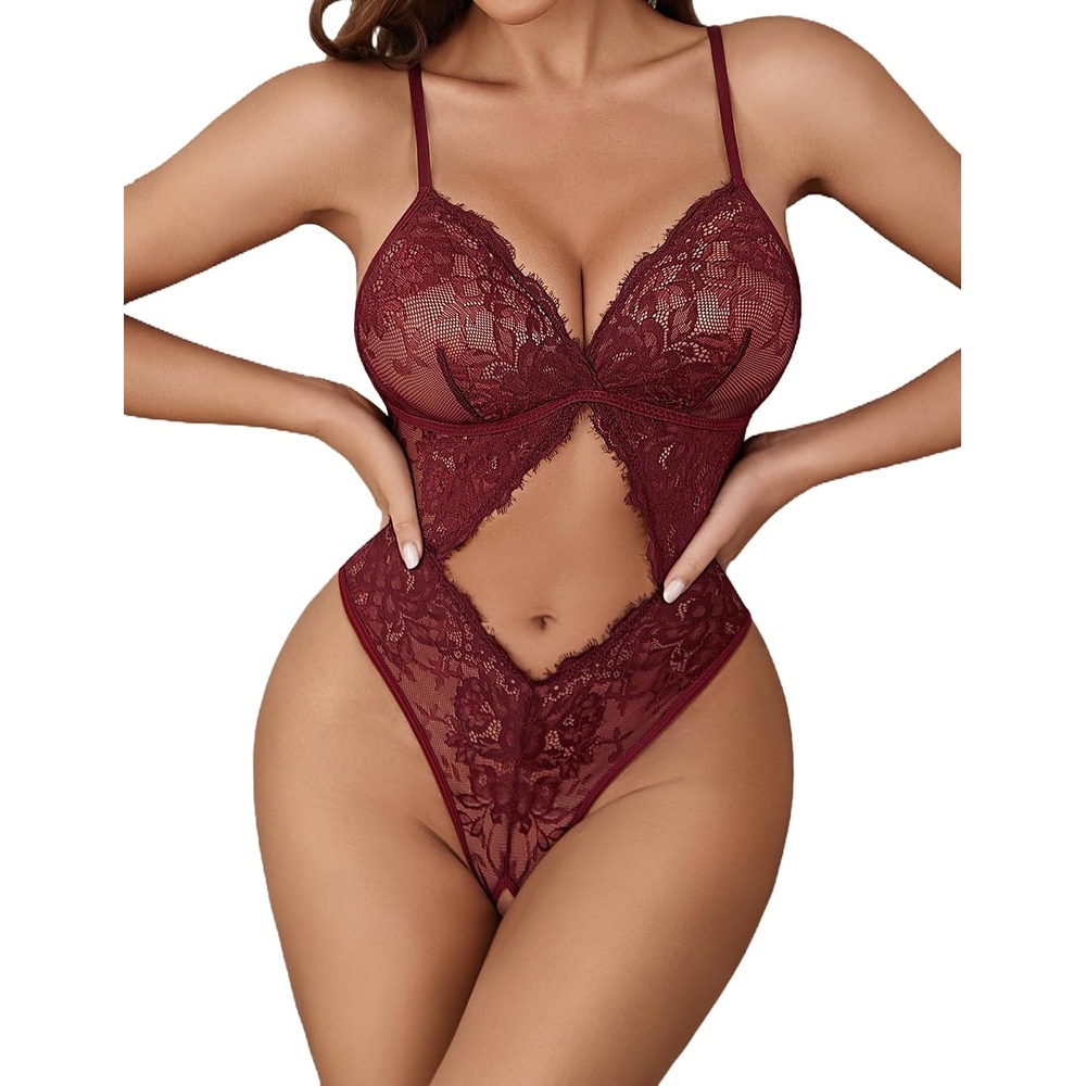 image:imageAvidlove Sexy Lingerie for Women Lace Teddy One Piece Cross Strap Bodysuit LingerieDark Red