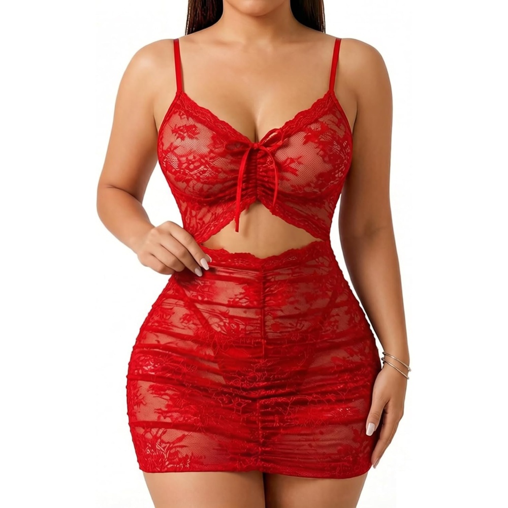 image:imageAvidlove Sexy Lingerie for Women Ruched Lace Babydoll Lingerie Cutout Mesh Bodycon Chemise Nightgown SXXLRed