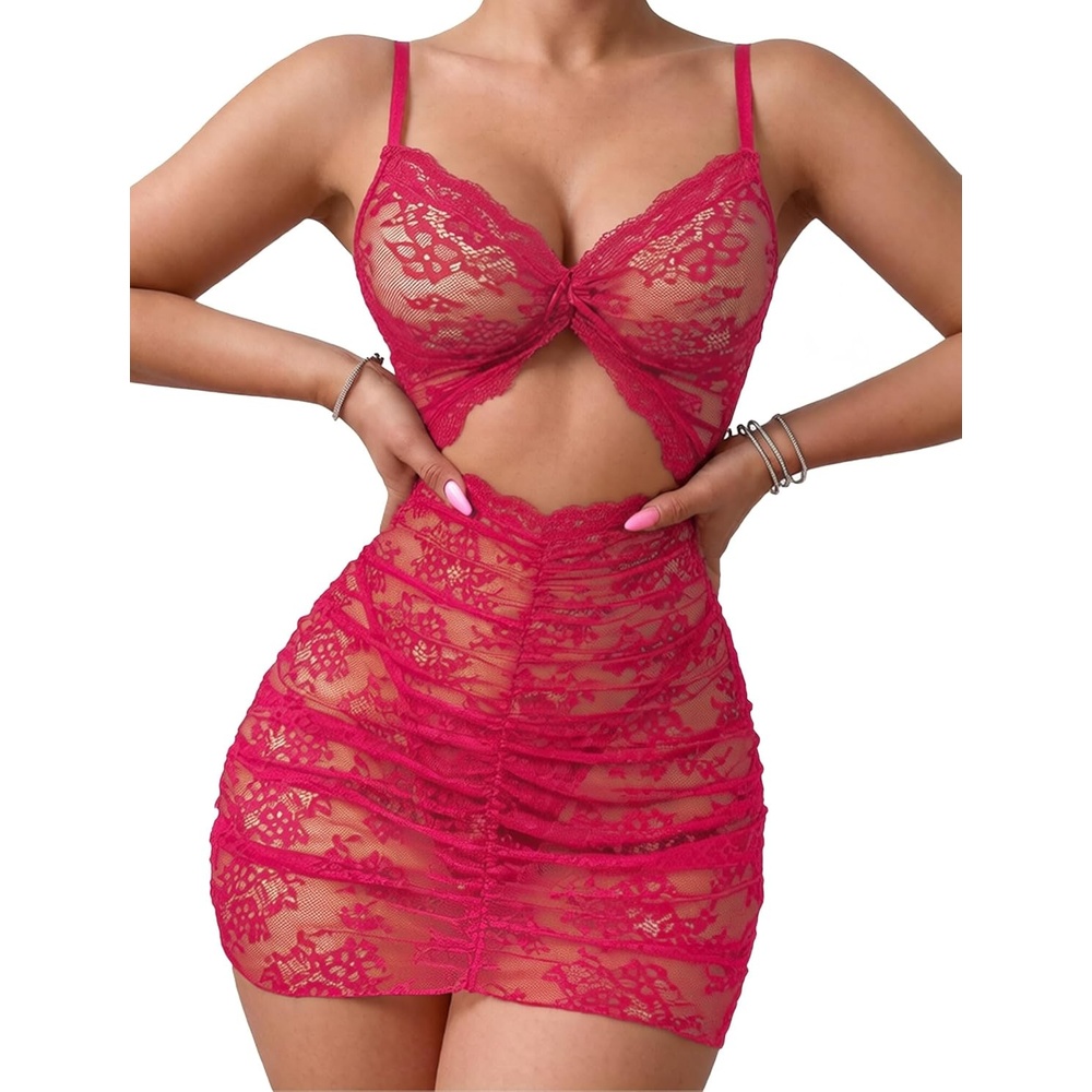 image:imageAvidlove Sexy Lingerie for Women Ruched Lace Babydoll Lingerie Cutout Mesh Bodycon Chemise Nightgown SXXLRose Red