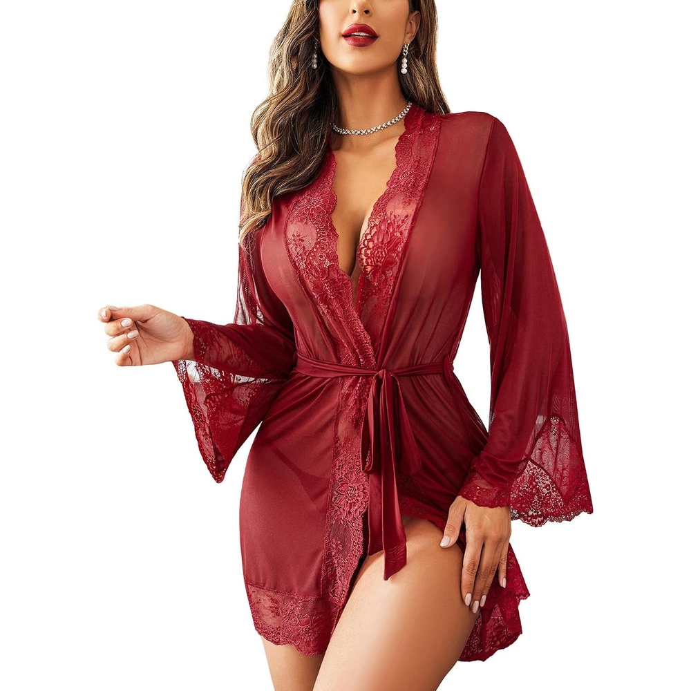 image:imageAvidlove Women Lace Kimono Robe Babydoll Sexy Lingerie Mesh Chemise Nightgown Cover UpDark Red