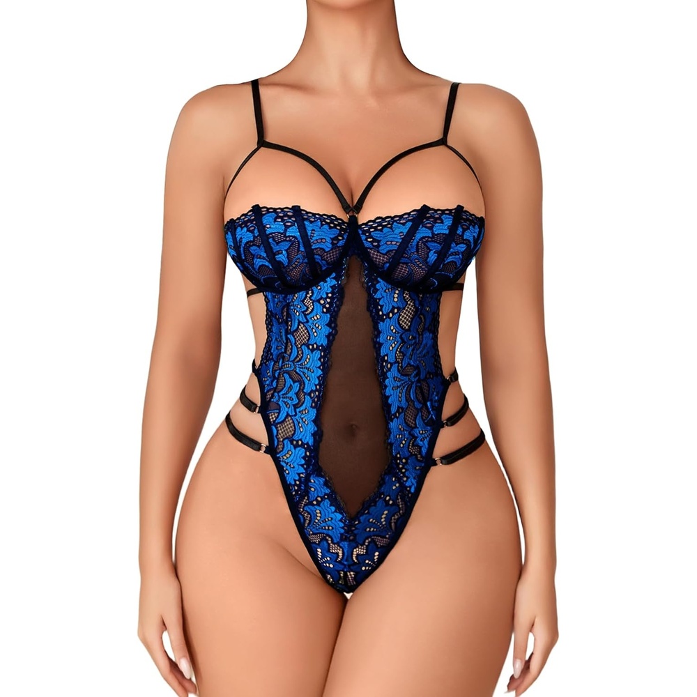 image:imageAvidlove Women Lace Lingerie Cut Out Teddy Strappy Bodysuit Mesh Sleepwear  Mesh Body Suit Adjustable Strap for Special Night Going Out Party ClubRoyal Blue