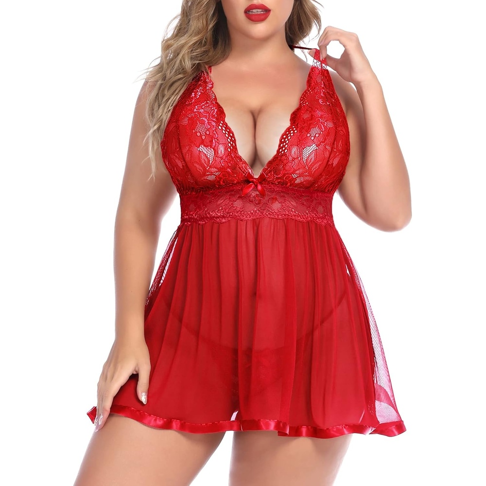 image:imageAvidlove Women Plus Size Babydoll Lingerie Lace Chemise Mesh Sleepwear  Sexy Plussized Teddies V Neck Sheer Mesh Lace Babydoll Lingerie Dress Teddy Chemise Nighty Sleepwear L5XLCarmine Red
