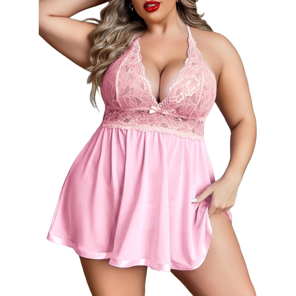 image:imageAvidlove Women Plus Size Babydoll Lingerie Lace Chemise Mesh Sleepwear  Sexy Plussized Teddies V Neck Sheer Mesh Lace Babydoll Lingerie Dress Teddy Chemise Nighty Sleepwear L5XLLight Pink