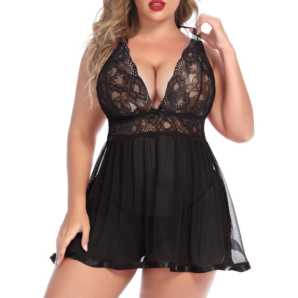 image:imageAvidlove Women Plus Size Babydoll Lingerie Lace Chemise Mesh Sleepwear  Sexy Plussized Teddies V Neck Sheer Mesh Lace Babydoll Lingerie Dress Teddy Chemise Nighty Sleepwear L5XLBlack