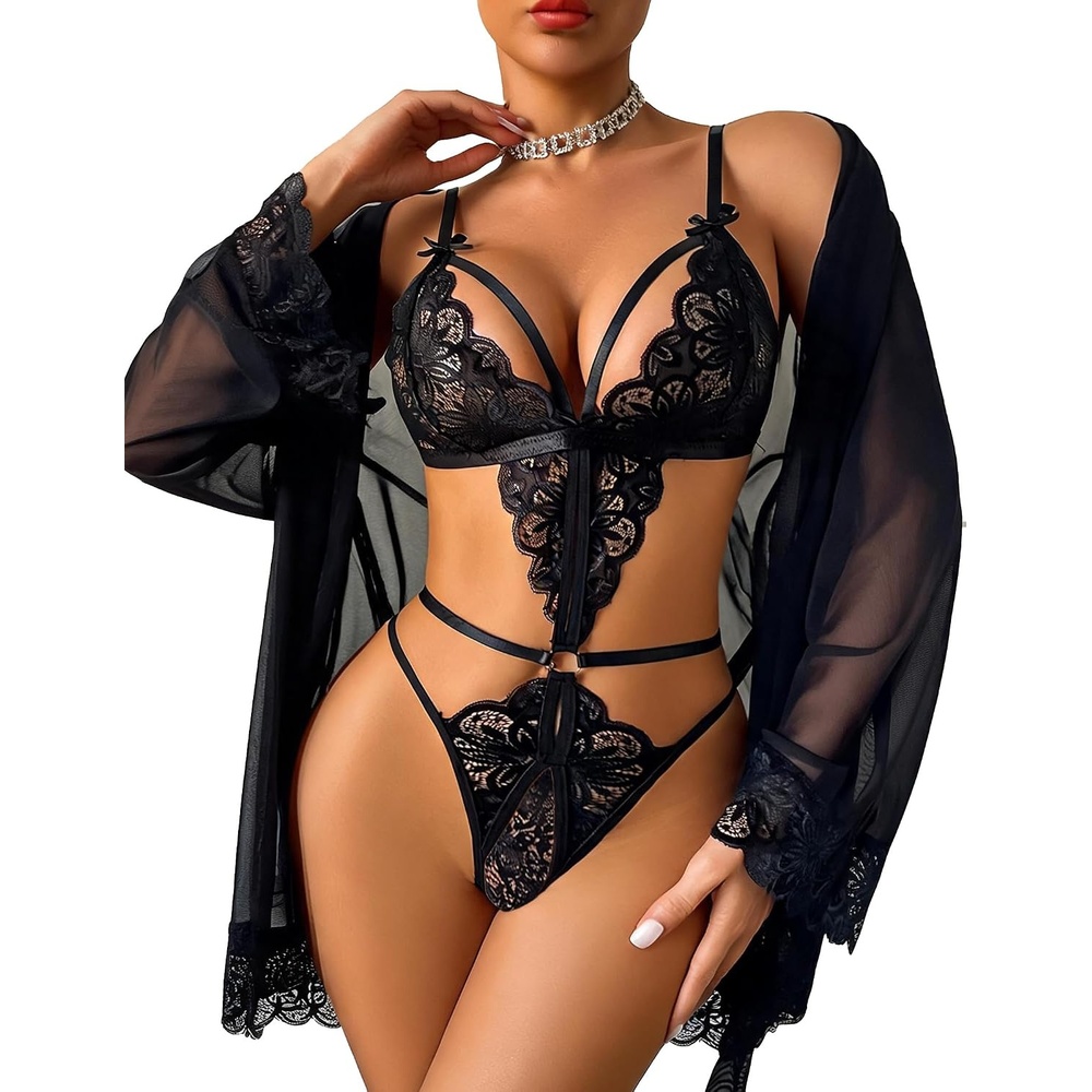 image:imageAvidlove Women Sexy Lingerie Set 2 Piece Lace Teddy with Mesh Kimono Robe Bodysuit NightgownBlack