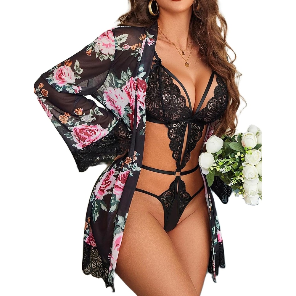 image:imageAvidlove Women Sexy Lingerie Set 2 Piece Lace Teddy with Mesh Kimono Robe Bodysuit NightgownBlack Floral