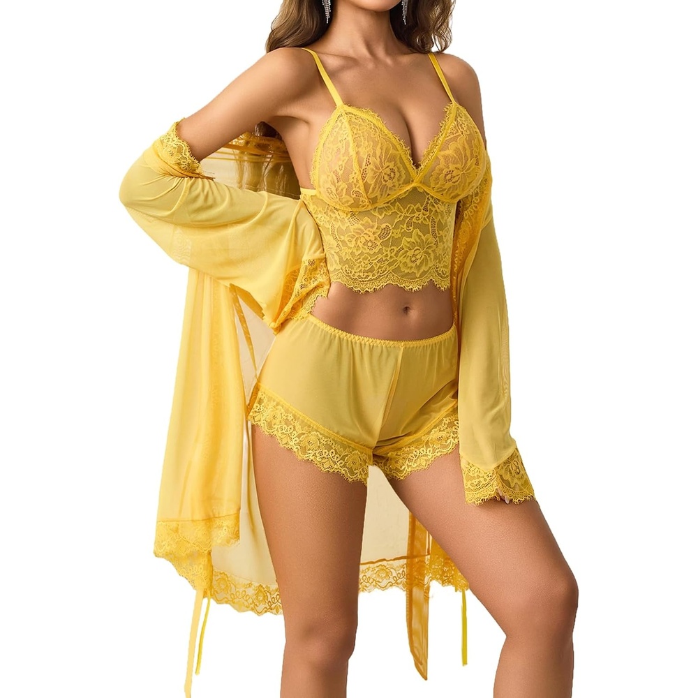 image:imageAvidlove Women Sexy Lingerie Set 3 Piece Lace Bralette and Panty Sets With Mesh Kimono Robe Sleepwear Exotic NightgownYellow