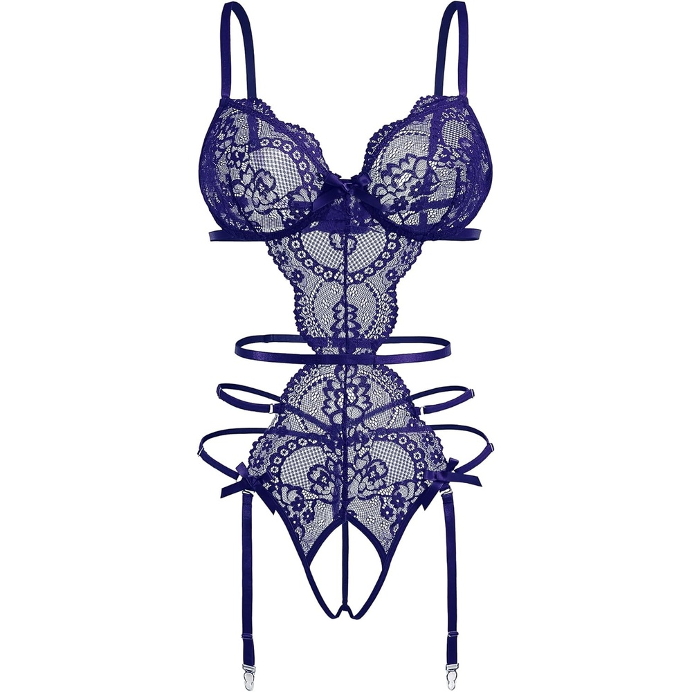 image:imageAvidlove Womens Deep V Teddy Lingerie Sexy Lace Bodysuit Cut Out Garter Lingerie SetsNavy Blue