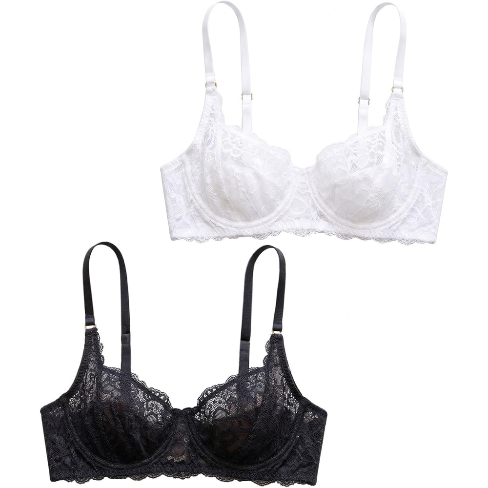image:imageAvidlove Womens Lace Underwire Bra Sexy Mesh Balconette Unlined Everyday Bra LingerieBlackwhite