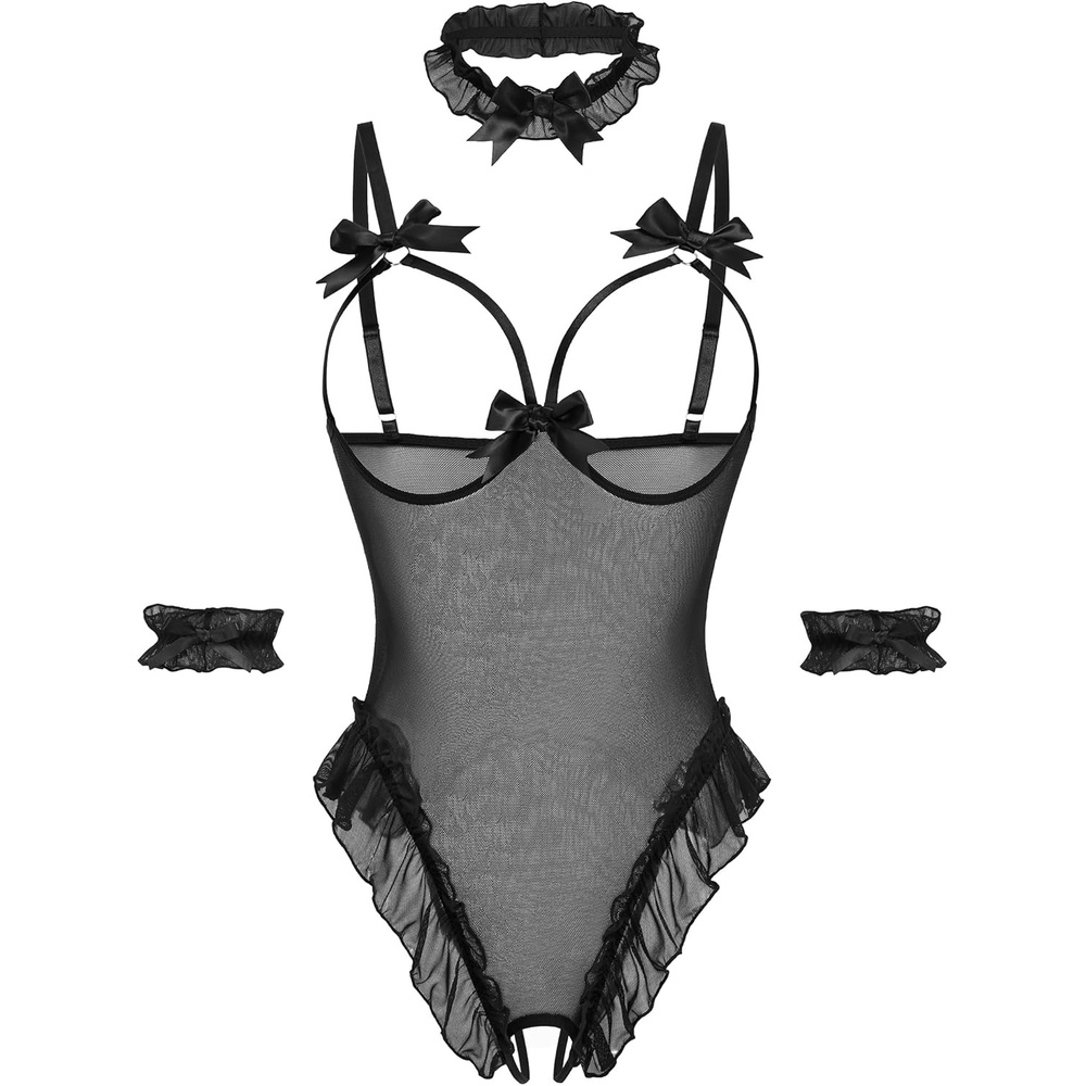 image:imageAvidlove Womens Lingerie Bodysuit 4 Piece Set Sheer Mesh Teddy Babydoll with Detachable Collar and Wrist CuffsBlack