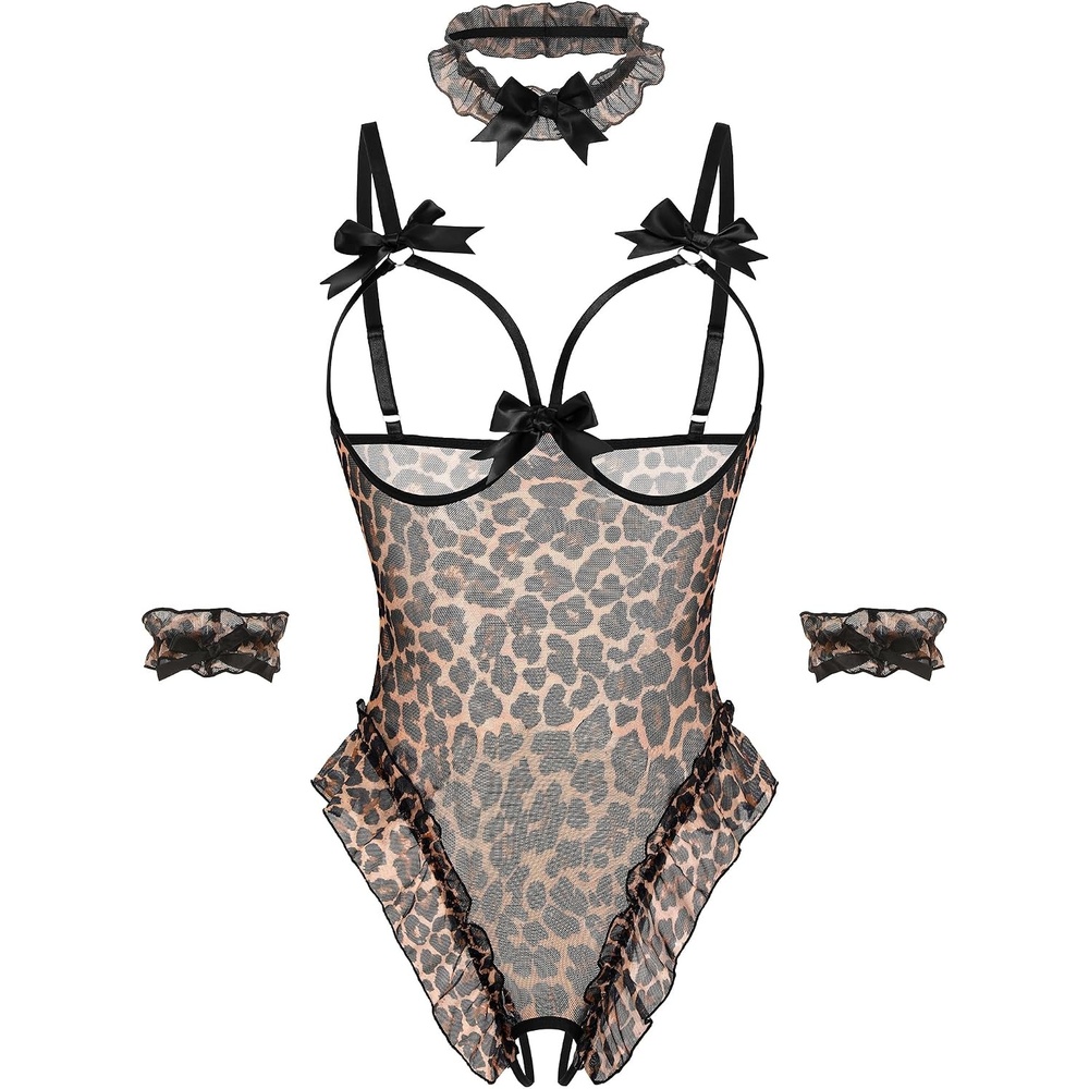 image:imageAvidlove Womens Lingerie Bodysuit 4 Piece Set Sheer Mesh Teddy Babydoll with Detachable Collar and Wrist CuffsLeopard