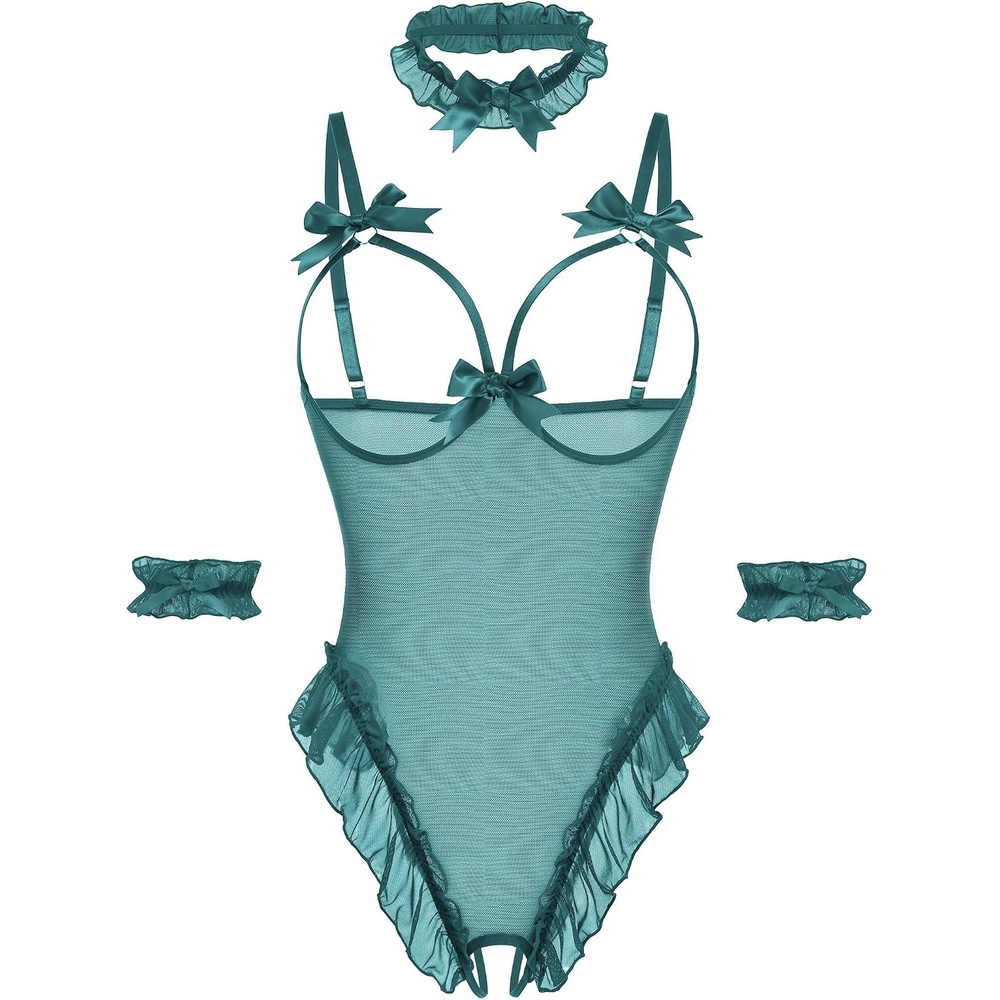 image:imageAvidlove Womens Lingerie Bodysuit 4 Piece Set Sheer Mesh Teddy Babydoll with Detachable Collar and Wrist CuffsPeacock Blue