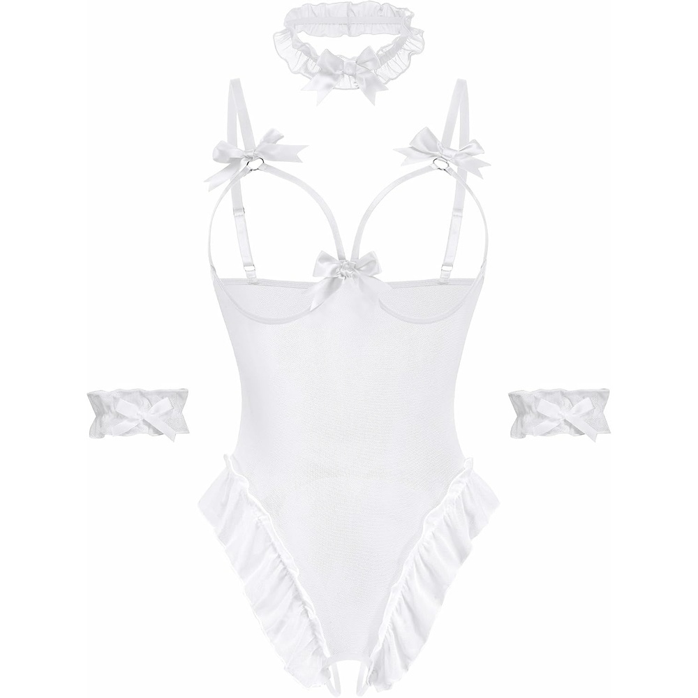 image:imageAvidlove Womens Lingerie Bodysuit 4 Piece Set Sheer Mesh Teddy Babydoll with Detachable Collar and Wrist CuffsWhite
