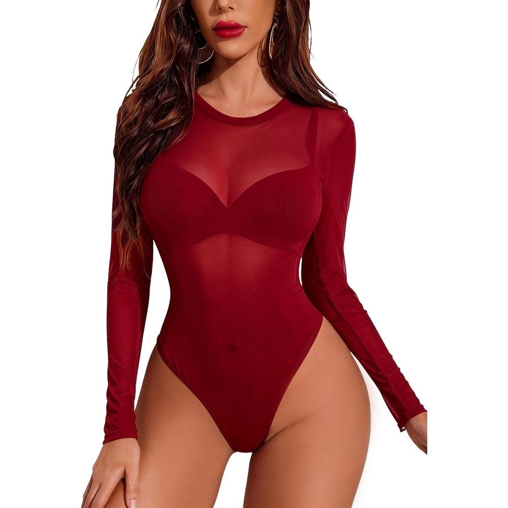 image:imageAvidlove Womens Mesh Long Sleeve Bodysuit Round Neck Sheer Leotards Geo Print Bodysuit Top with Snap CrotchBurgundy Red