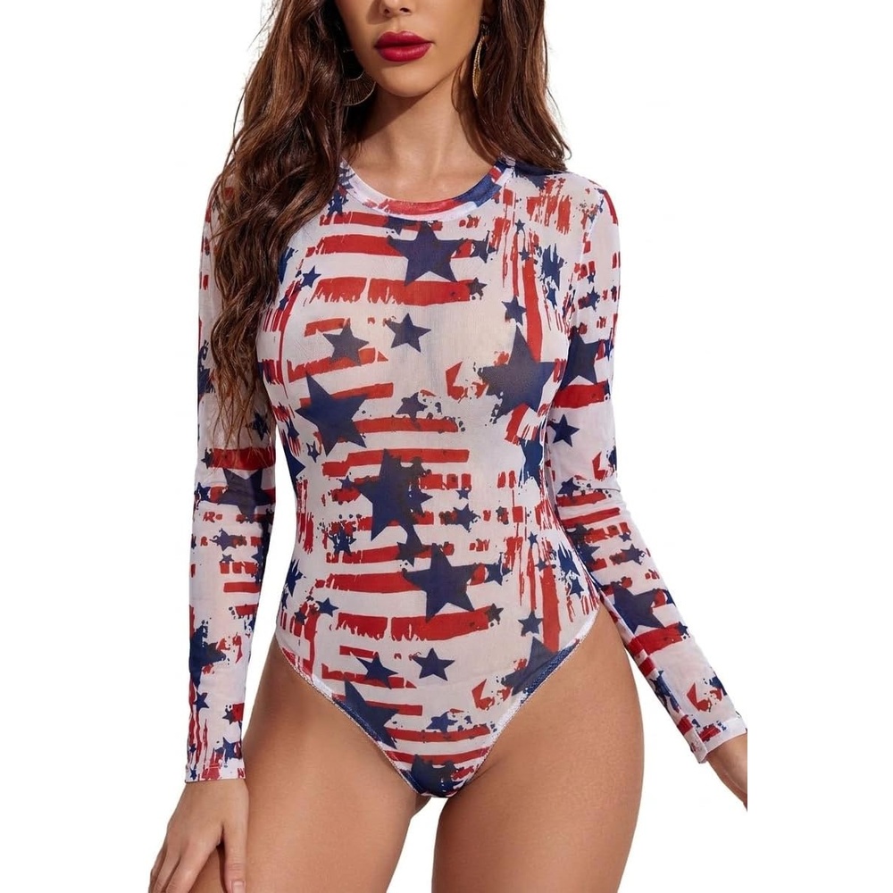 image:imageAvidlove Womens Mesh Long Sleeve Bodysuit Round Neck Sheer Leotards Geo Print Bodysuit Top with Snap CrotchIndependence Day