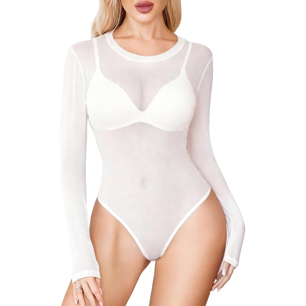 image:imageAvidlove Womens Mesh Long Sleeve Bodysuit Round Neck Sheer Leotards Geo Print Bodysuit Top with Snap CrotchWhite