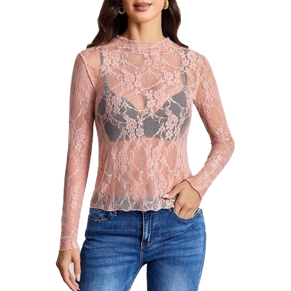 image:imageAvidlove Womens Mesh Top Long Sleeve Mock Neck Sheer Blouse See Through Floral Lace TopsDusty Pink