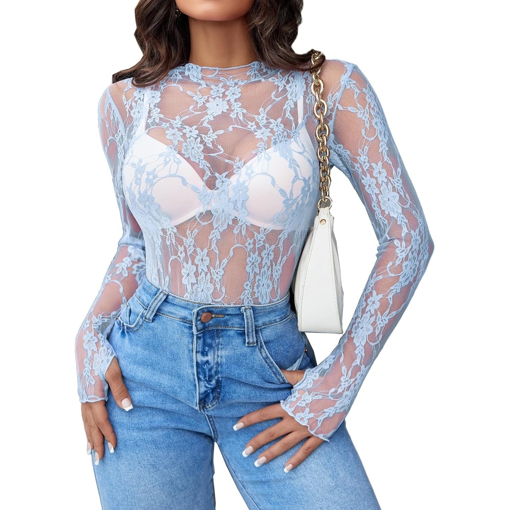 image:imageAvidlove Womens Mesh Top Long Sleeve Mock Neck Sheer Blouse See Through Floral Lace TopsLight Blue