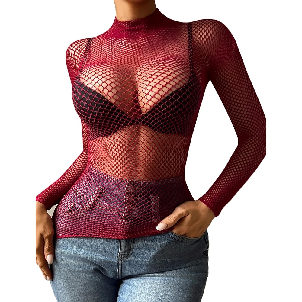 image:imageAvidlove Womens Sexy Fishnet Mesh Long Sleeve Tops Mock Neck Sheer Lace SeeThrough Blouse Bodycon Clubwear Party TopsBurgundy