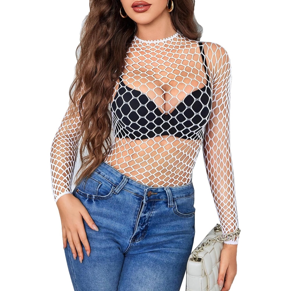image:imageAvidlove Womens Sexy Fishnet Mesh Long Sleeve Tops Mock Neck Sheer Lace SeeThrough Blouse Bodycon Clubwear Party TopsWhitelarge Mesh