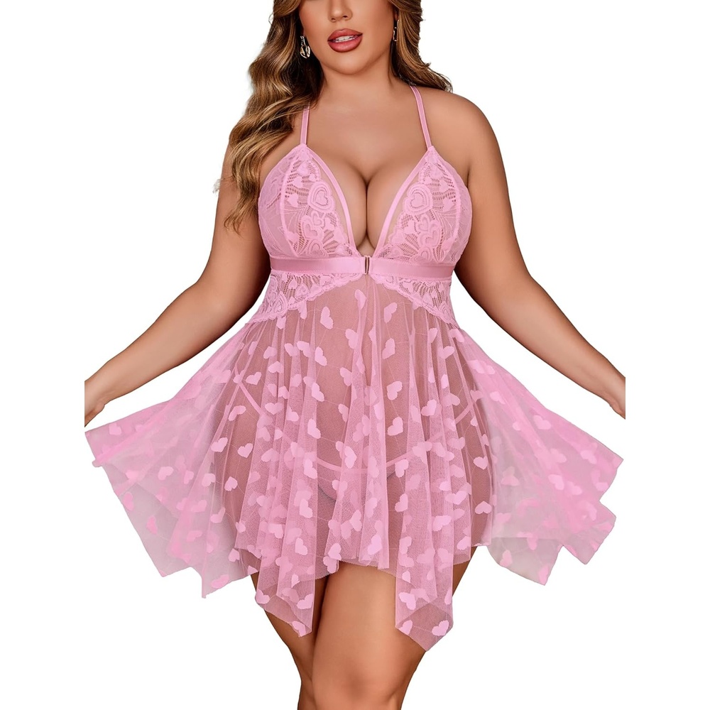 image:imagePlus Size Lingerie Lace Babydoll Womens Teddy Chemise Mesh Sleepwear  Sexy Front Closure V Neck Sheer Mesh Lace Wireless Babydoll Lingerie Dress Teddy Chemise SleepwearPink