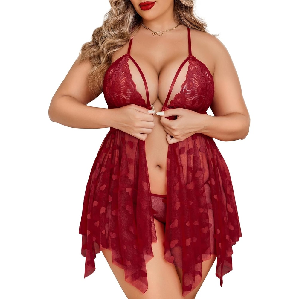 image:imagePlus Size Lingerie Lace Babydoll Womens Teddy Chemise Mesh Sleepwear  Sexy Front Closure V Neck Sheer Mesh Lace Wireless Babydoll Lingerie Dress Teddy Chemise SleepwearWine Red