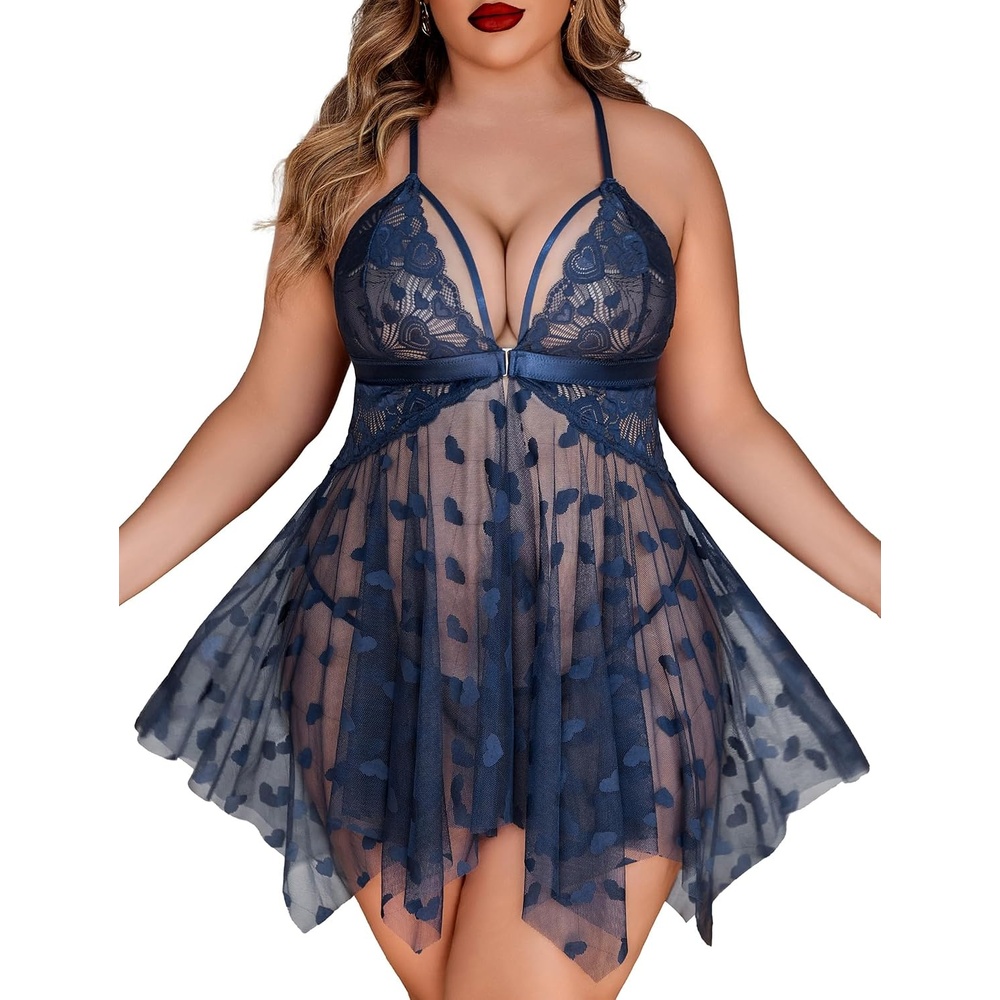 image:imagePlus Size Lingerie Lace Babydoll Womens Teddy Chemise Mesh Sleepwear  Sexy Front Closure V Neck Sheer Mesh Lace Wireless Babydoll Lingerie Dress Teddy Chemise SleepwearNavy Blue