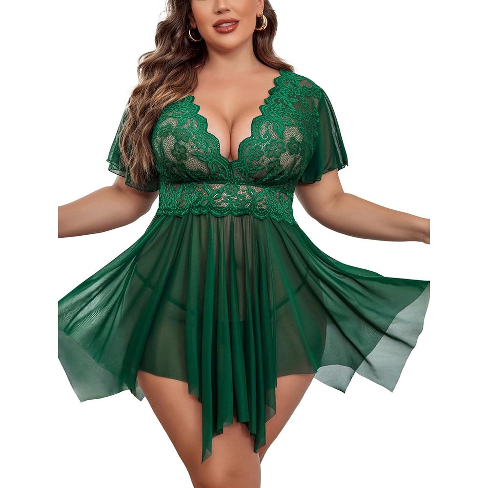 image:imageWomens Plus Size Babydoll Floral Lace Lingerie Deep V Nighty Mesh Sleepwear  Sexy Lingerie See through TeddiesV neckMesh Nightdress Naughty Outfits with Short mesh sleevesGreen