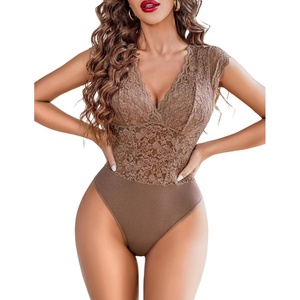 Avidlove Lace Bodysuits for Women Sexy V Neck Sheer Bodysuit Tops Snap Crotch One Piece Teddy(Brown)