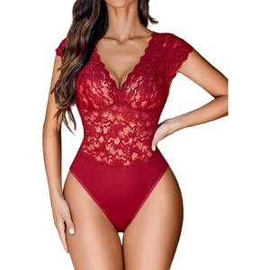 Avidlove Lace Bodysuits for Women Sexy V Neck Sheer Bodysuit Tops Snap Crotch One Piece Teddy(Burgundy)
