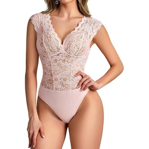Avidlove Lace Bodysuits for Women Sexy V Neck Sheer Bodysuit Tops Snap Crotch One Piece Teddy(Champagne)