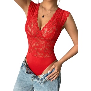 Avidlove Lace Bodysuits for Women Sexy V Neck Sheer Bodysuit Tops Snap Crotch One Piece Teddy(Red)