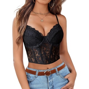 Avidlove Lace Bralette for Women V Neck Bustier Corset Tops with Underwired Racerback Adjustable Strap Crop Top(Black)