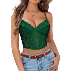 Avidlove Lace Bralette for Women V Neck Bustier Corset Tops with Underwired Racerback Adjustable Strap Crop Top(Grass Green)