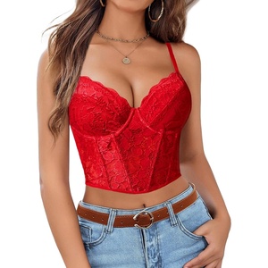 Avidlove Lace Bralette for Women V Neck Bustier Corset Tops with Underwired Racerback Adjustable Strap Crop Top(Red)