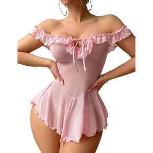 Avidlove Lingerie Dress for Women Sexy Mesh Sheer Babydoll Chemise V Neck Sleepwear (Lilac, Large)(Pink)