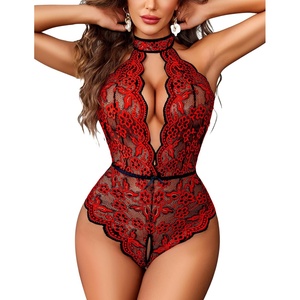 Avidlove Lingerie for Women Halter Lace Bodysuit V Neck Teddy One Piece Babydoll Nightgown(Black Red)