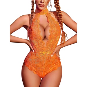Avidlove Lingerie for Women Halter Lace Bodysuit V Neck Teddy One Piece Babydoll Nightgown(Orange)