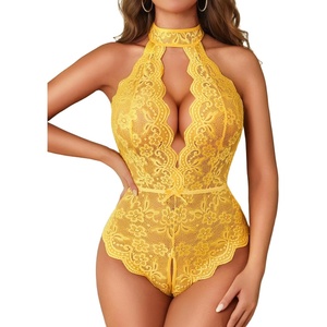 Avidlove Lingerie for Women Halter Lace Bodysuit V Neck Teddy One Piece Babydoll Nightgown(Yellow)