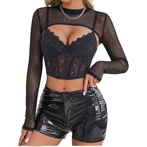 Avidlove Mesh Crop Tops for Women Mock Neck Long Sleeve Crop Top See Through Shirt Top Sexy Clubwear(Black)