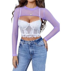 Avidlove Mesh Crop Tops for Women Mock Neck Long Sleeve Crop Top See Through Shirt Top Sexy Clubwear(Lilac)