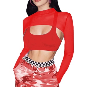 Avidlove Mesh Crop Tops for Women Mock Neck Long Sleeve Crop Top See Through Shirt Top Sexy Clubwear(Red)