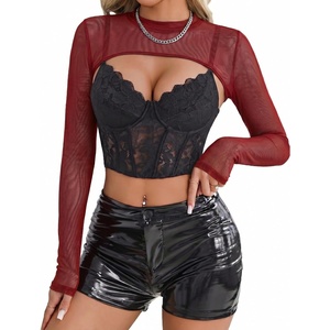 Avidlove Mesh Crop Tops for Women Mock Neck Long Sleeve Crop Top See Through Shirt Top Sexy Clubwear(Wine Red)