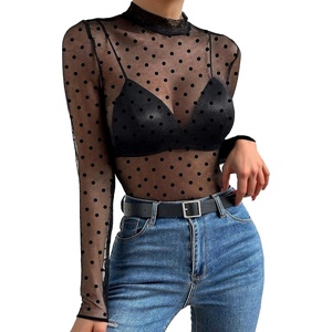 Avidlove Mesh Top for Women Long Sleeve See Through Shirt Mock Neck Sheer Blouse Clubwear Party XS-3XL(Dots_jh79)