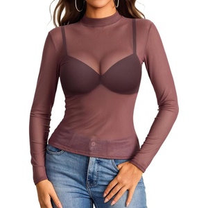 Avidlove Mesh Top for Women Long Sleeve See Through Shirt Mock Neck Sheer Blouse Clubwear Party XS-3XL(Dusty Rose)